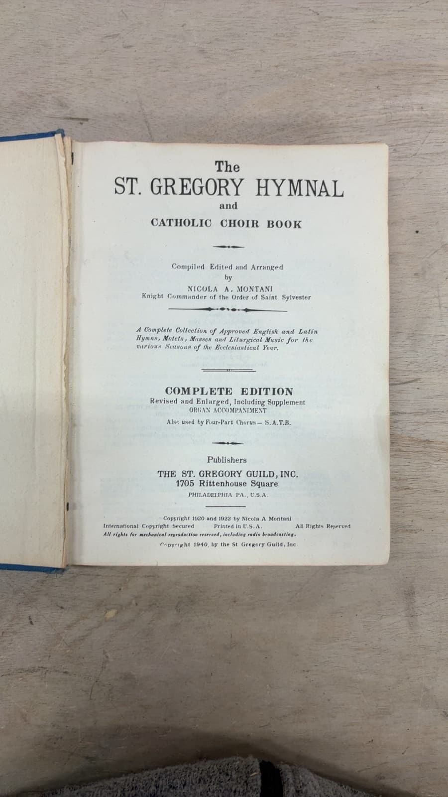 The St. Gregory Hymnal and Catholic Choir Book by Nicola A. Montani - title page