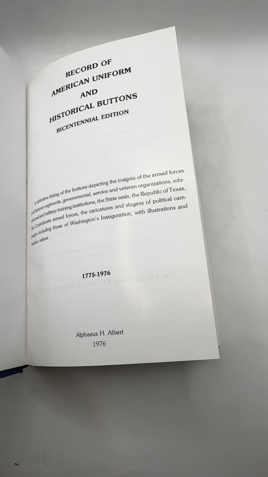 Record of American Uniform and Historical Buttons Bicentennial Edition by Alpheus S. Albert - title page