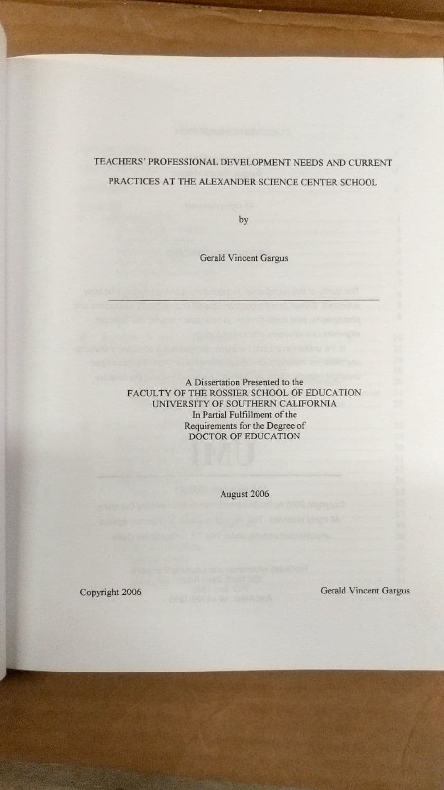 Teachers' Professional Development Needs and Current Practices at the Alexander Science Center School by Gerald Vincent Gargus - title page