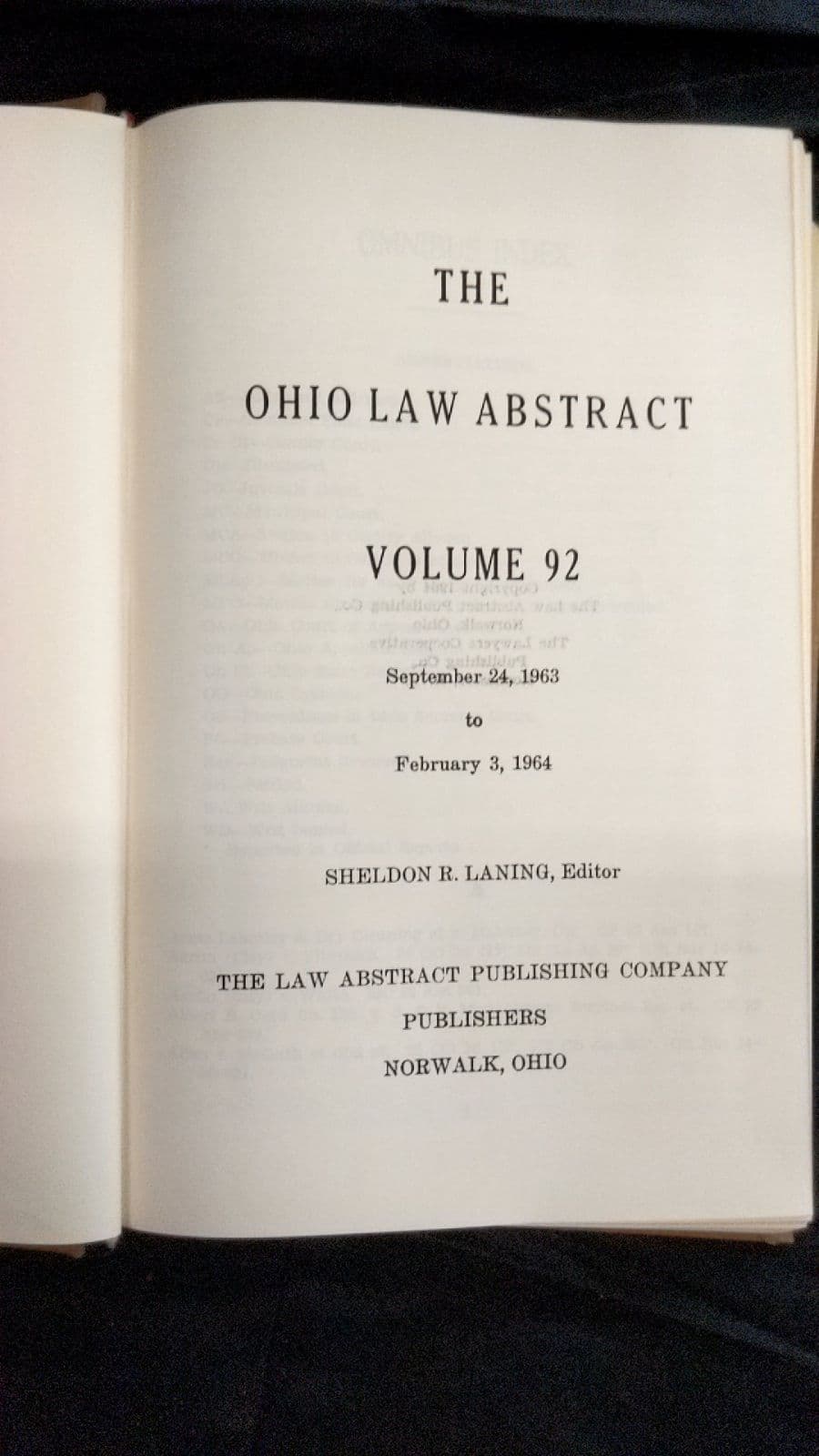 The Ohio Law Abstract Volume 92 by Sheldon R. Laning, Editor - title page