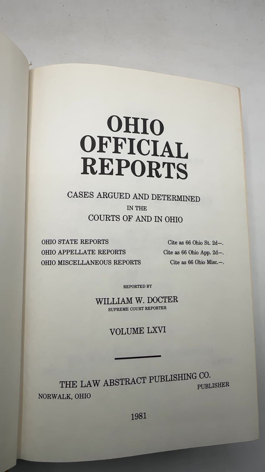 Ohio Official Reports 66 by William W. Docter - title page