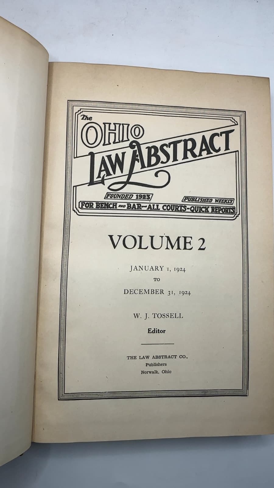 The Ohio Law Abstract Volume 2 by W. J. Tossell - title page