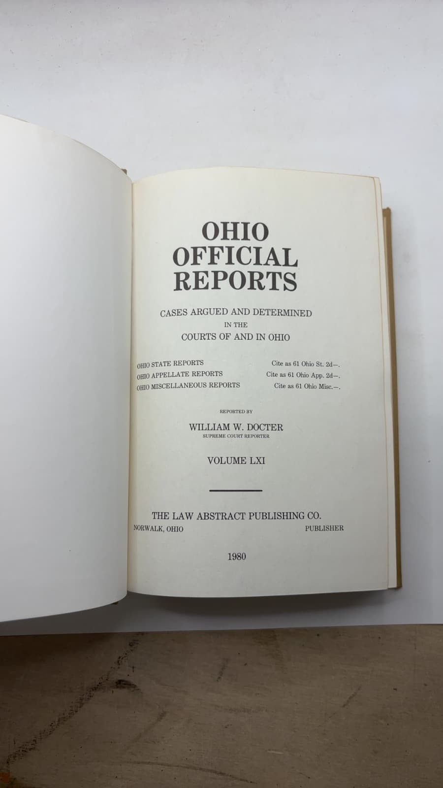 Ohio Official Reports Volume 61 by William W. Docter - title page