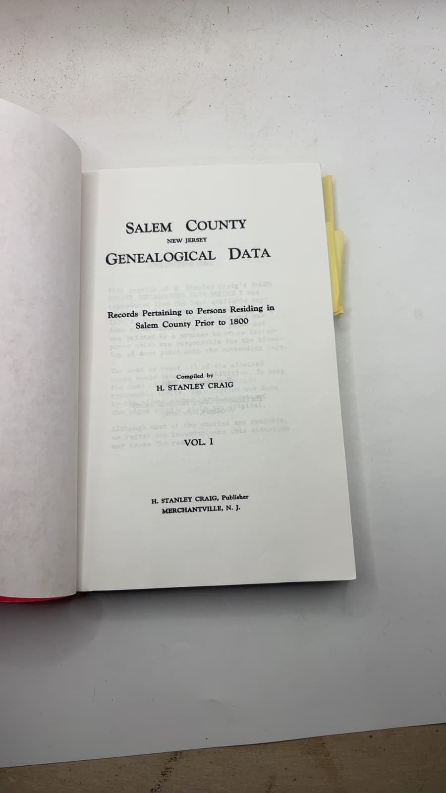Salem County New Jersey Genealogical Data by H. Stanley Craig - title page