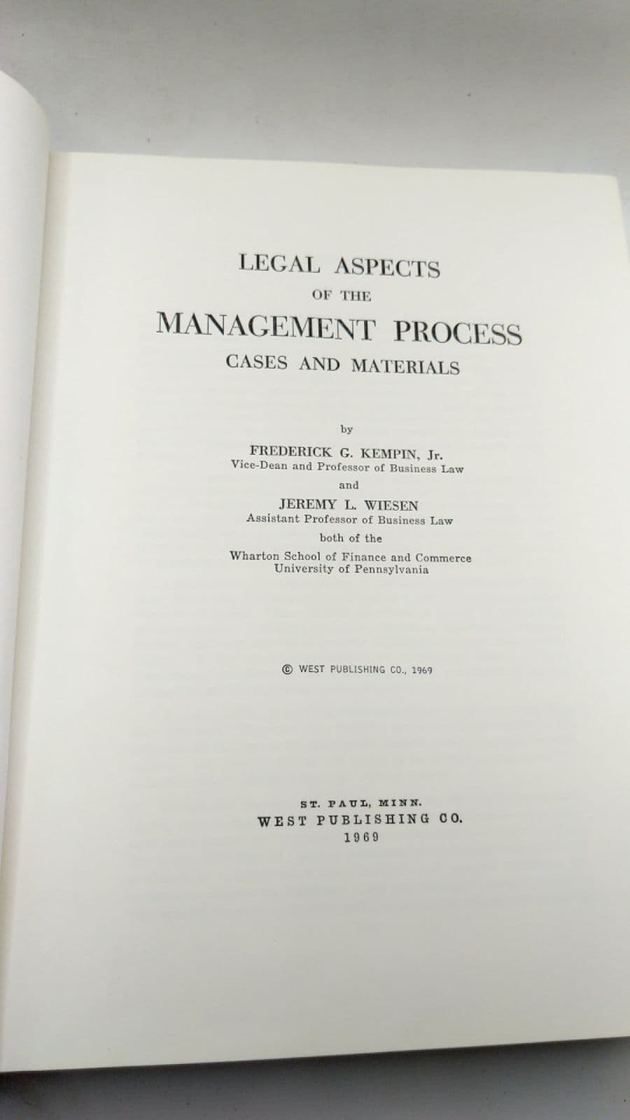 Legal Aspects of Management Process: Cases and Materials by Frederick G. Kempin, Jr. and Jeremy L. Wiesen - title page