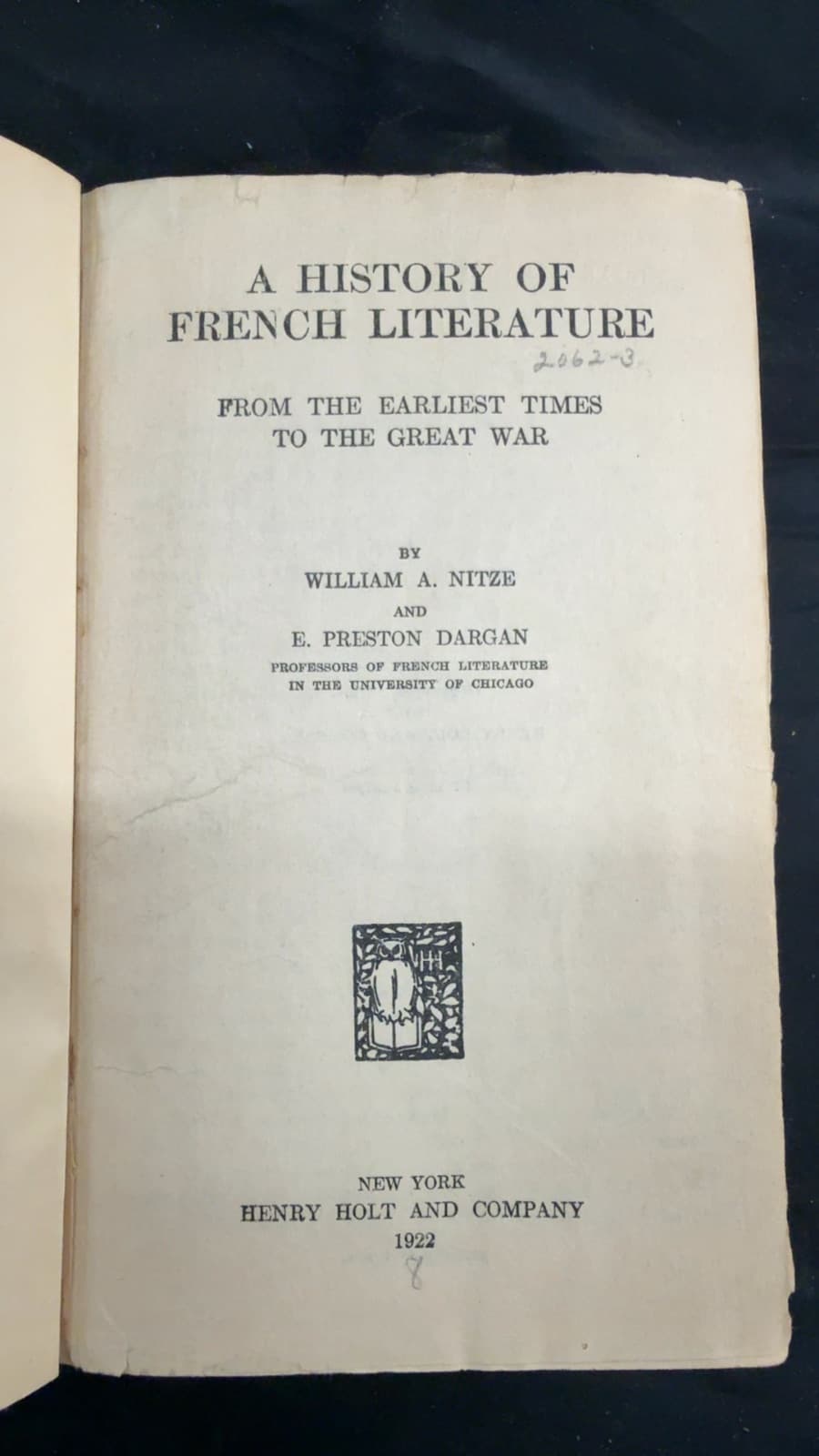 A History of French Literature from the Earliest Times to the Great War by William A. Nitze and E. Preston Dargan - title page