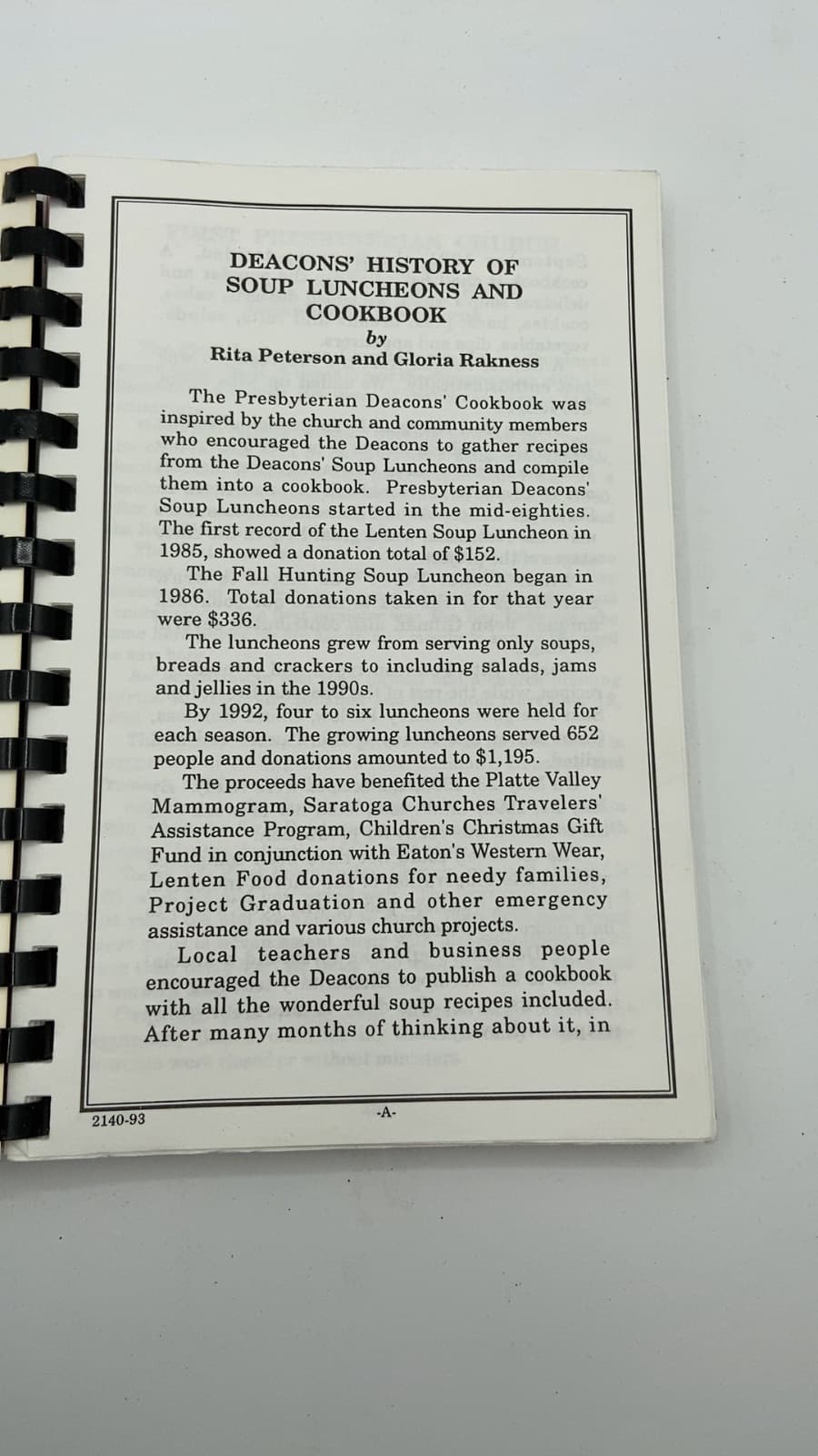 The First Presbyterian Church Deacons' Cookbook by Rita Peterson and Gloria Rakness - title page