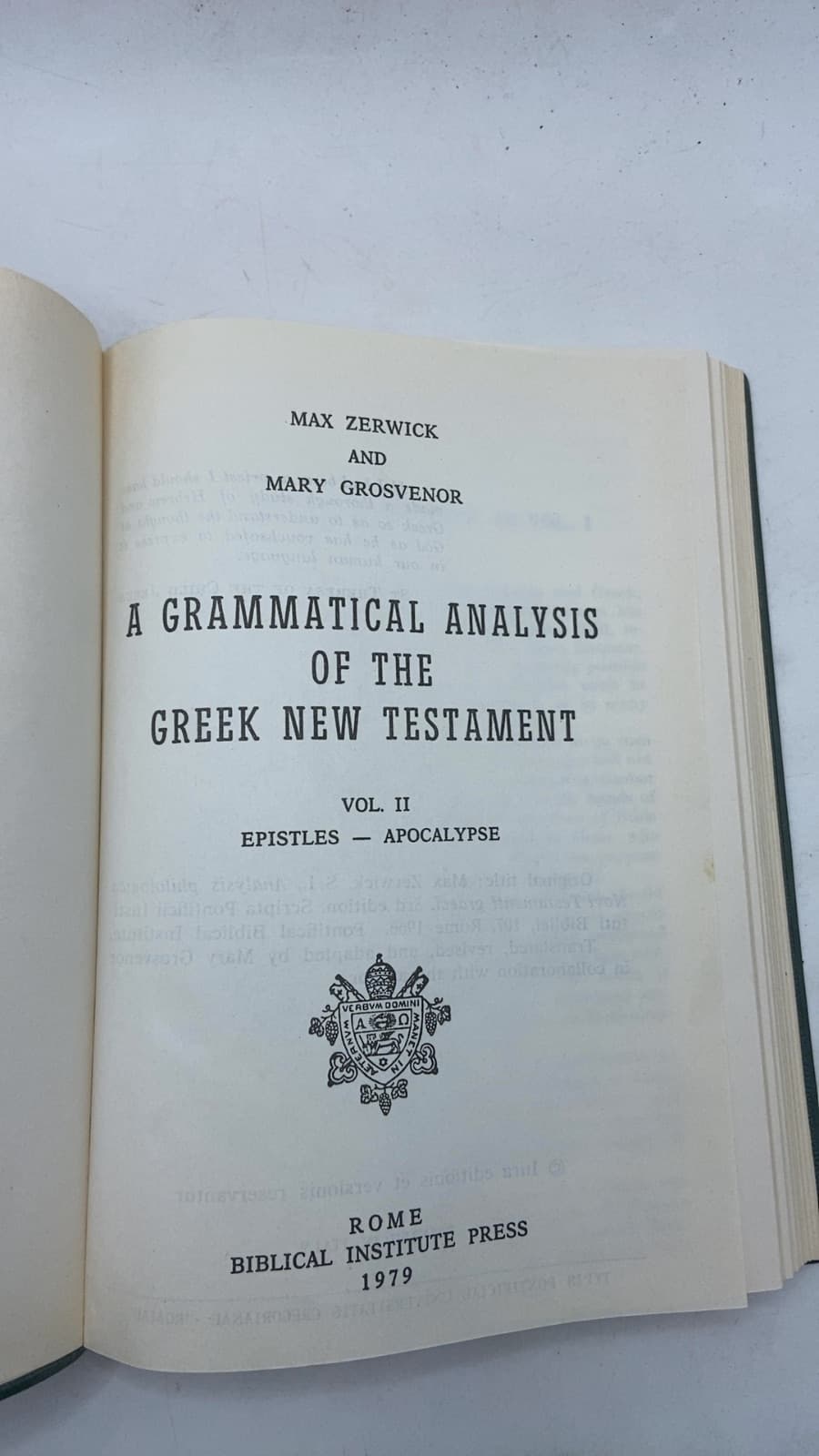 A Grammatical Analysis of the Greek New Testament Vol. II Epistles - Apocalypse by Max Zerwick and Mary Grosvenor - title page