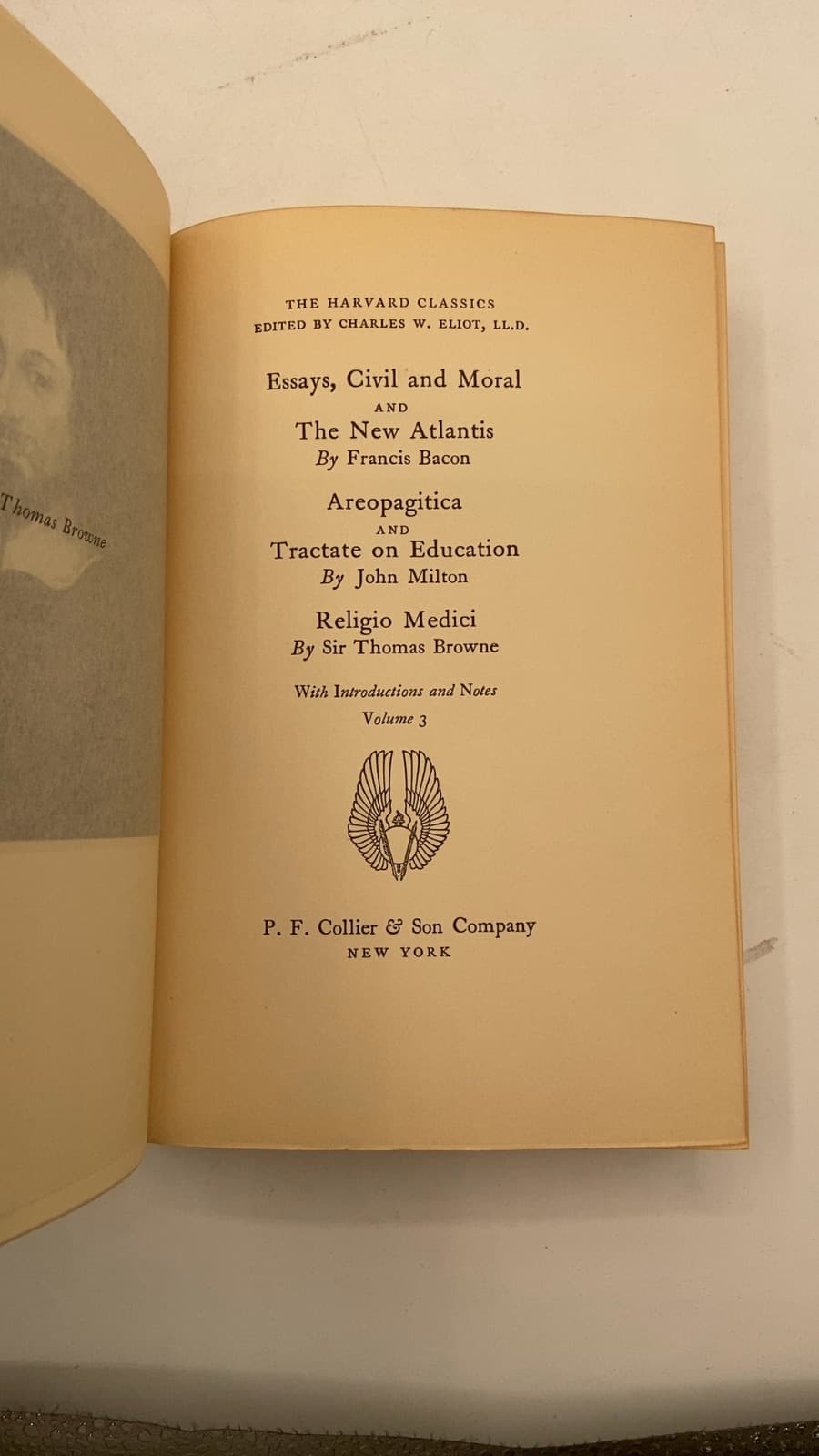  Vol.3 Essays, Civil and Moral and The New Atlantis / Areopagitica and Tractate on Education / Religio Medici by Francis Bacon, John Milton, Sir Thomas Browne - title page