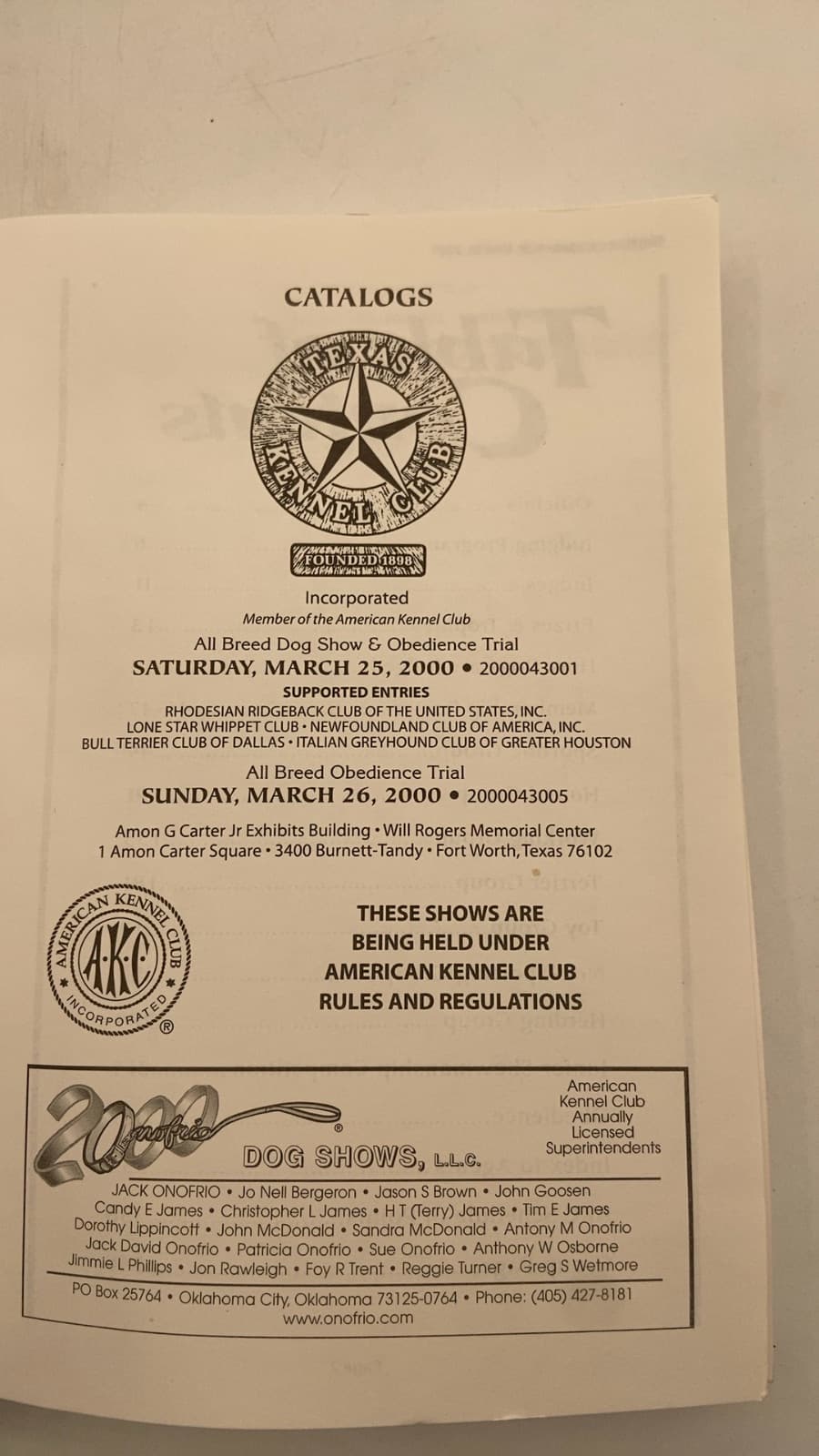 Texas Kennel Club Catalog - title page