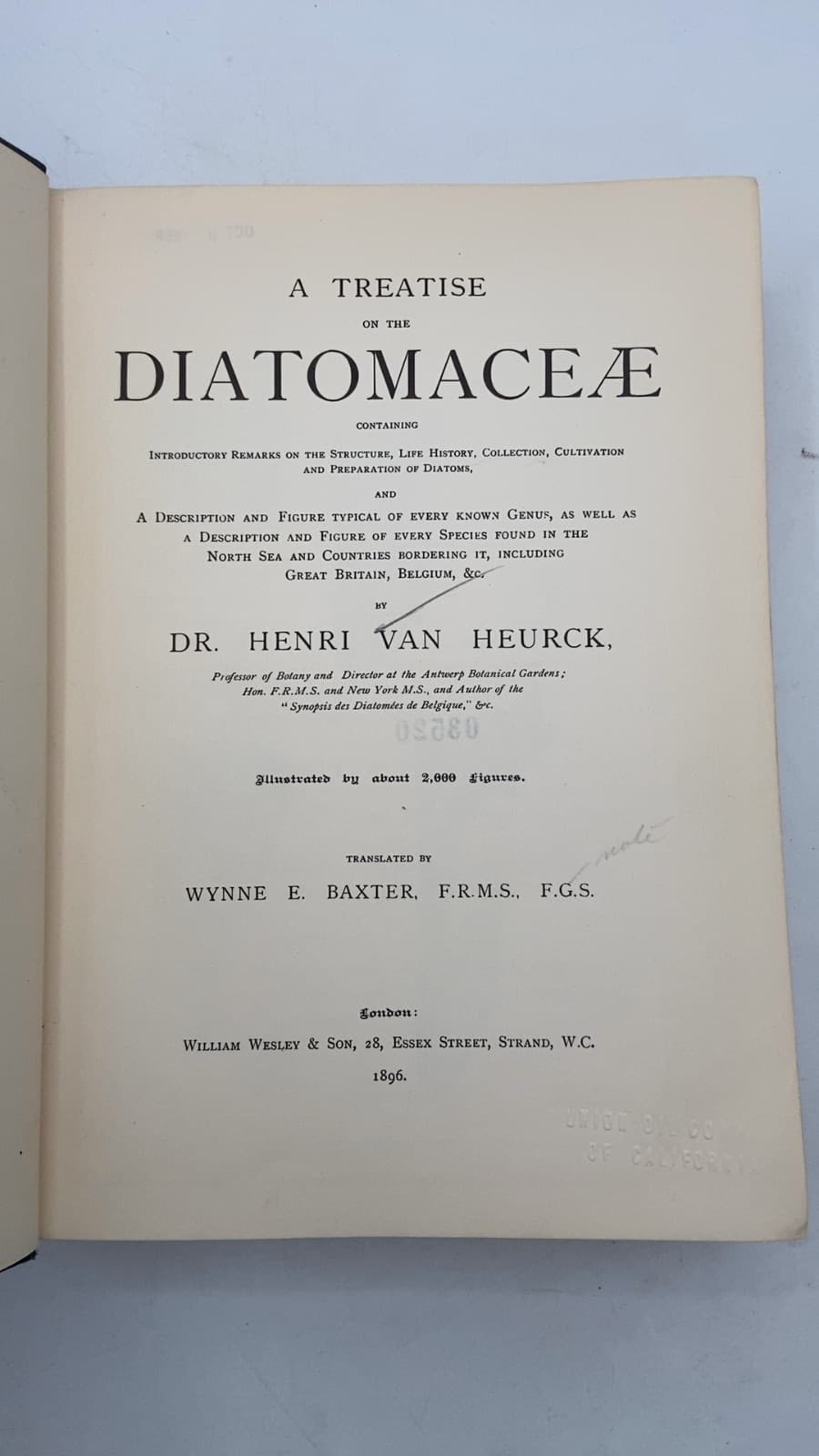 A Treatise on the Diatomaceae by Dr. Henri Van Heurck - title page