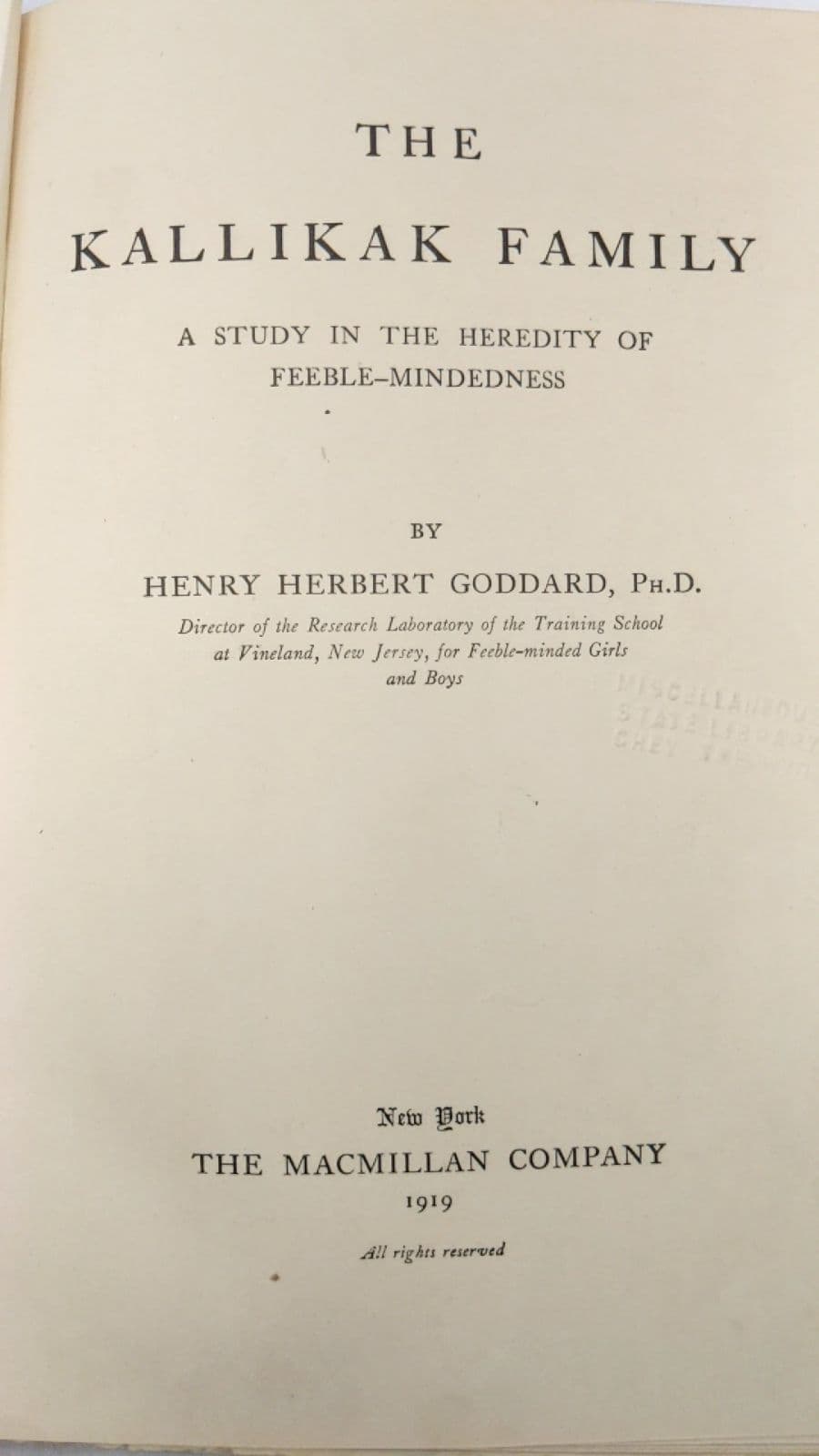 The Kallikak Family: A Study in the Heredity of Feeble-Mindedness by Henry Herbert Goddard, Ph.D. - title page