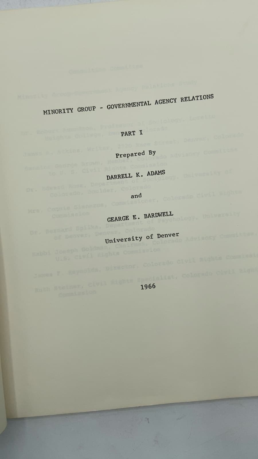 Minority Group - Governmental Agency Relations Research Study by Darrell K. Adams and George E. Bardwell and Frank Plaut - title page