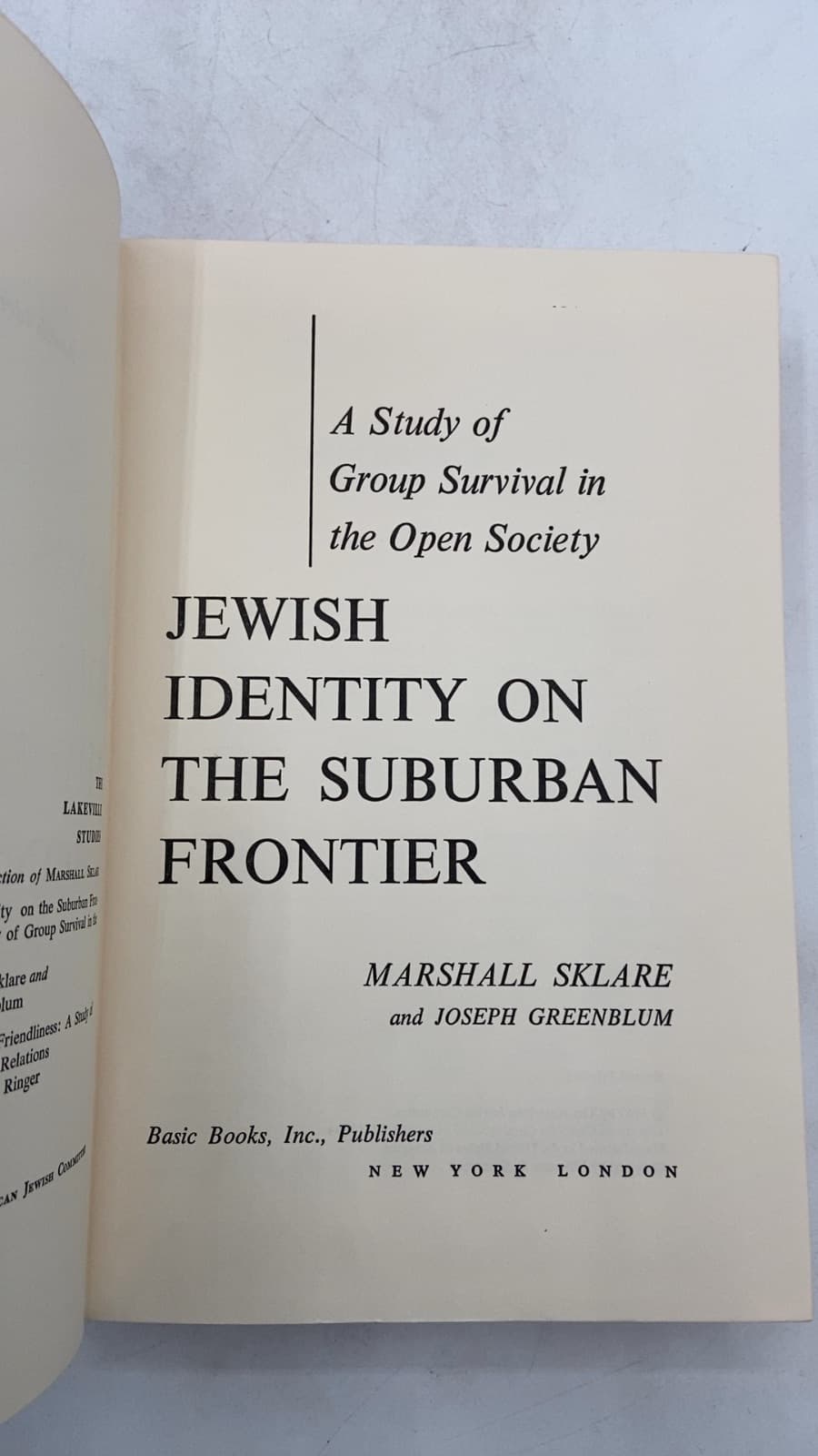 Jewish Identity on the Suburban Frontier Vol. 1 by Marshall Sklare and Joseph Greenblum - title page