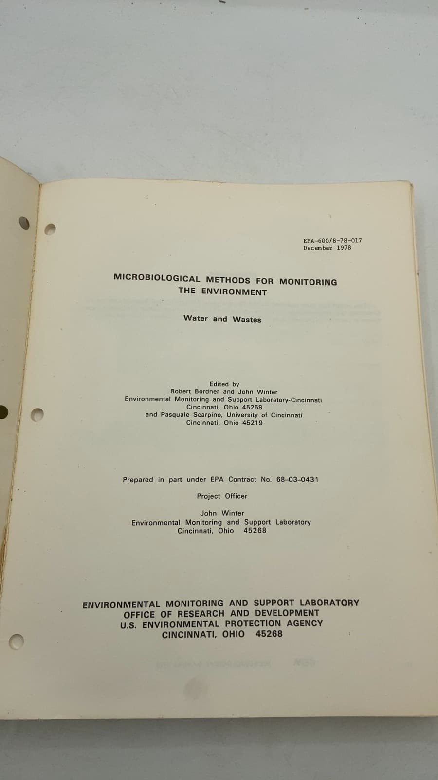 Microbiological Methods for Monitoring the Environment: Water and Wastes by Robert Bordner, John Winter, Pasquale Scarpino - title page