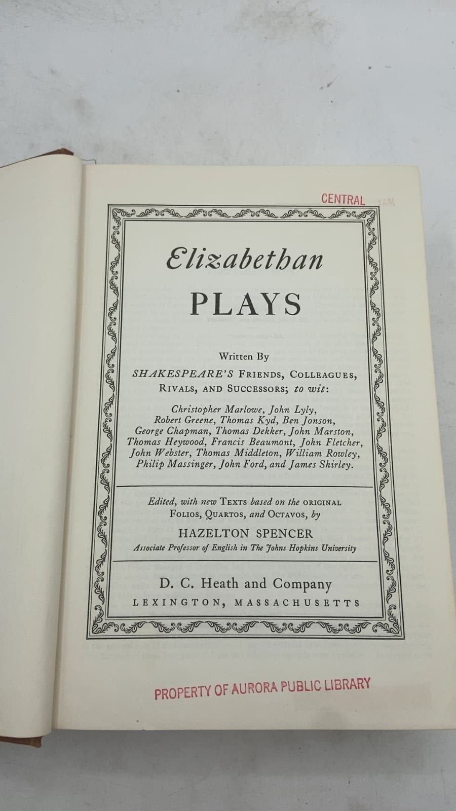 Elizabethan Plays by Hazelton Spencer - title page