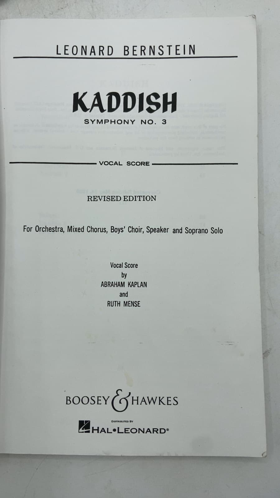 Kaddish Symphony No. 3 by Leonard Bernstein - title page