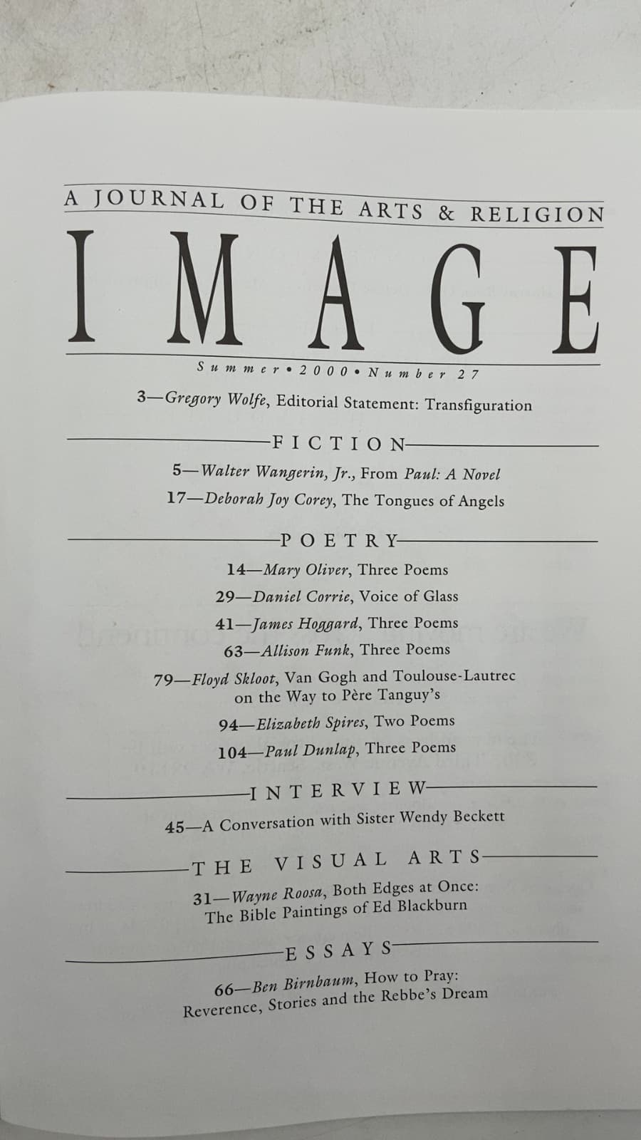 Image: A Journal of the Arts & Religion, Number 27 by Gregory Wolfe (Editor) - title page