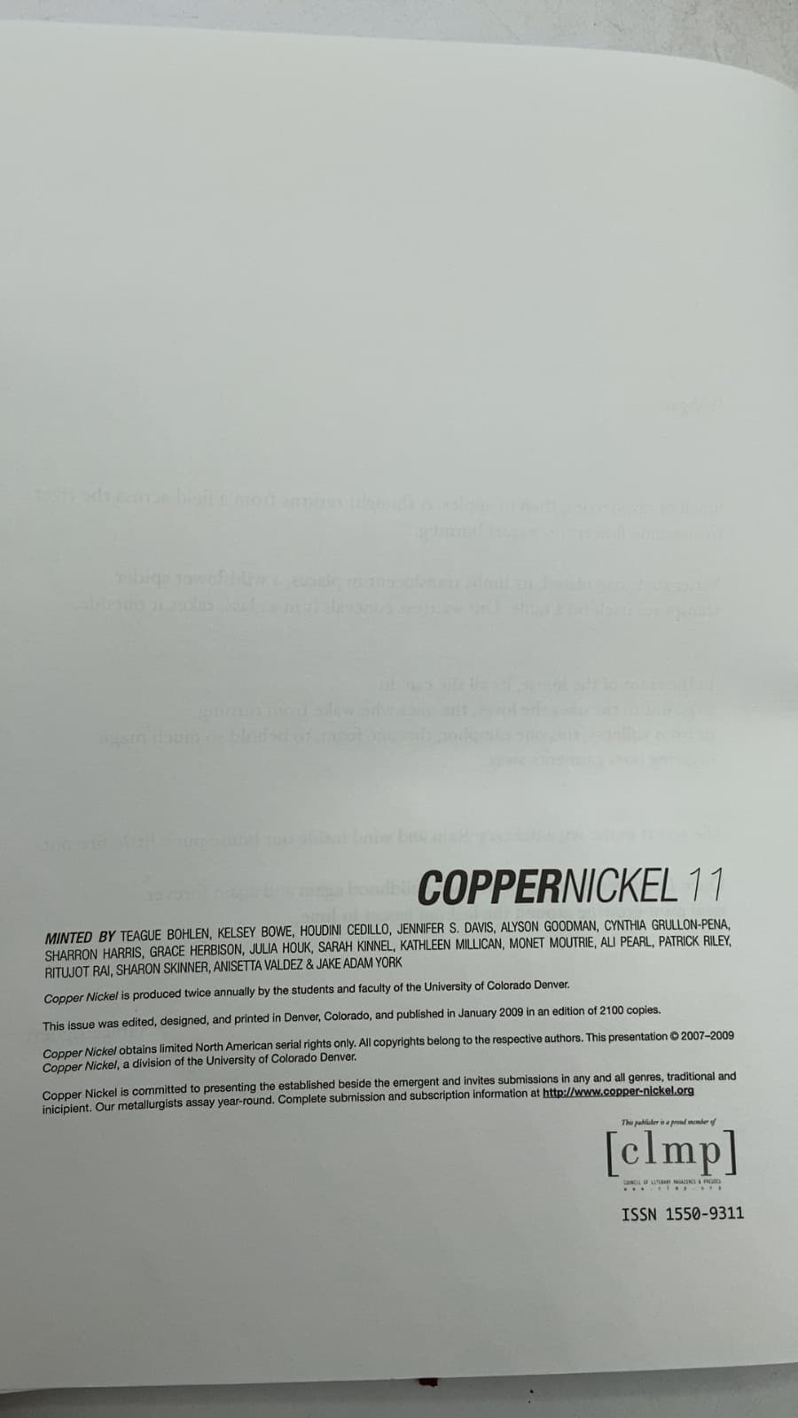 Copper Nickel 11 by Teague Bohlen, Kelsey Bowe, Houdini Cedillo, Jennifer S. Davis, Alyson Goodman, Cynthia Grullon-Pena, Sharron Harris, Grace Herbison, Julia Houk, Sarah Kinnel, Kathleen Millican, Monet Moutrie, Ali Pearl, Patrick Riley, Ritujot Rai, Sharon Skinner, Anisetta Valdez, Jake Adam York - title page