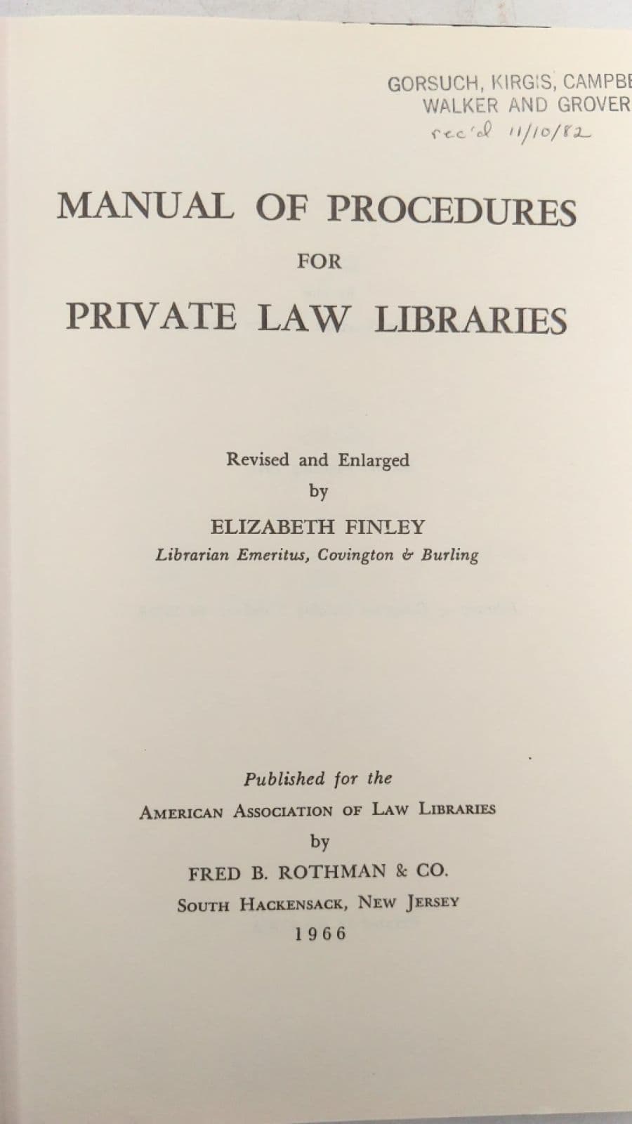 Manual OF Procedures FOR Private LAW Libraries by Elizabeth Finley - title page