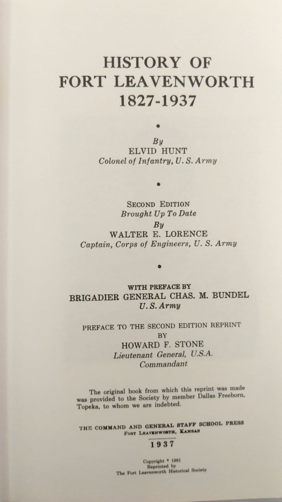 History OF Fort Leavenworth 1827-1937 by Elvid Hunt, Walter E. Lorence - title page