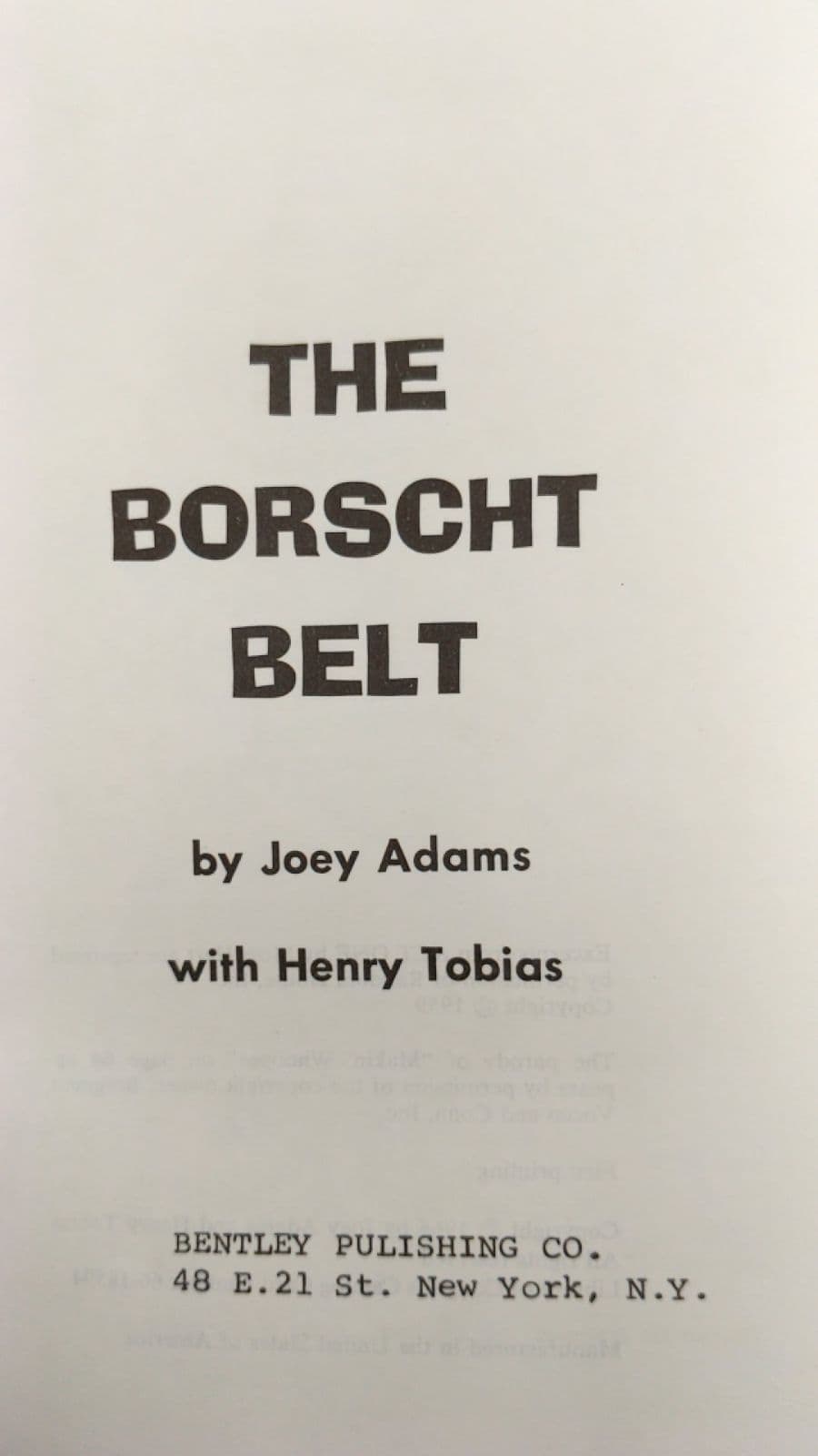 THE Borscht Belt by Joey Adams with Henry Tobias - title page