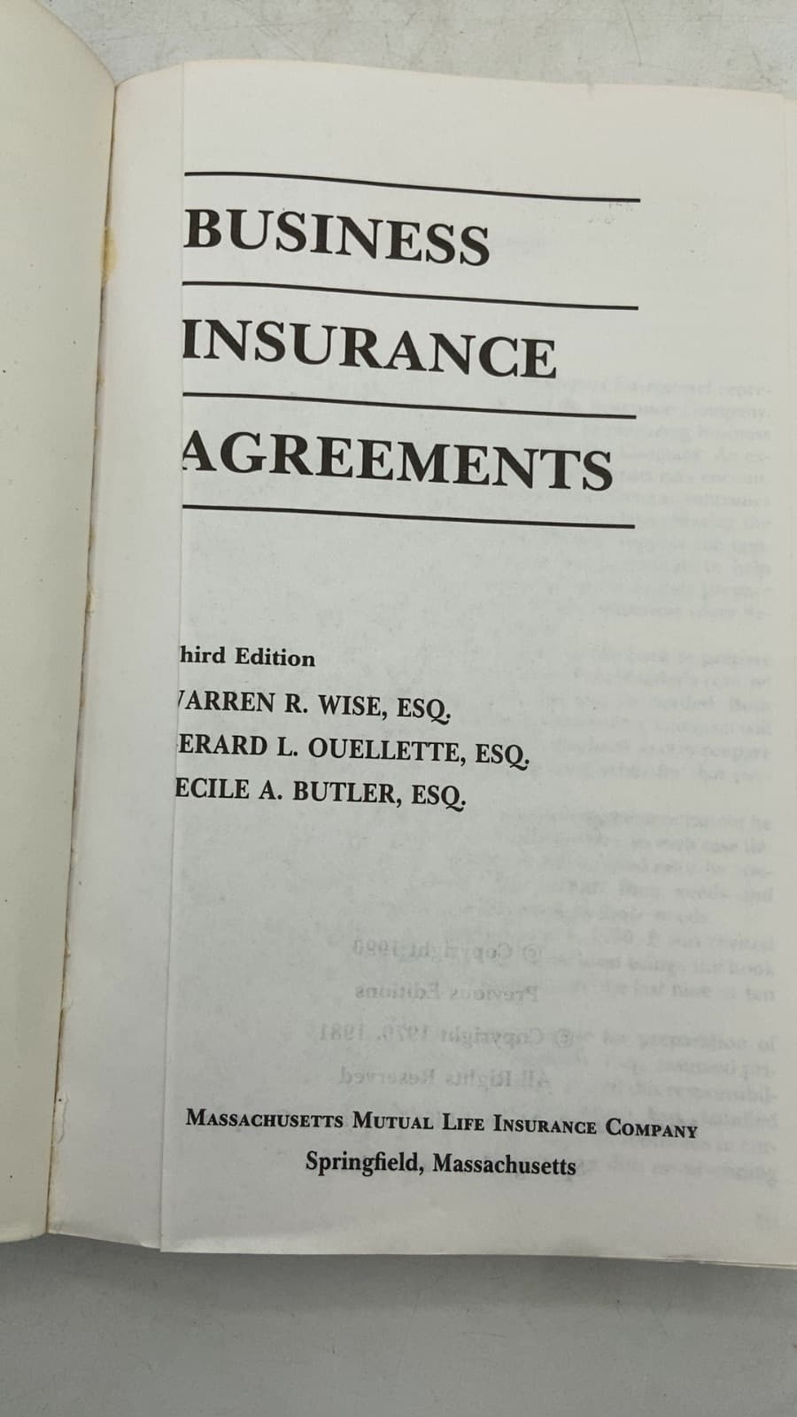 Business Insurance Agreements by Warren R. Wise, Gerard L. Ouellette, Cecile A. Butler - title page