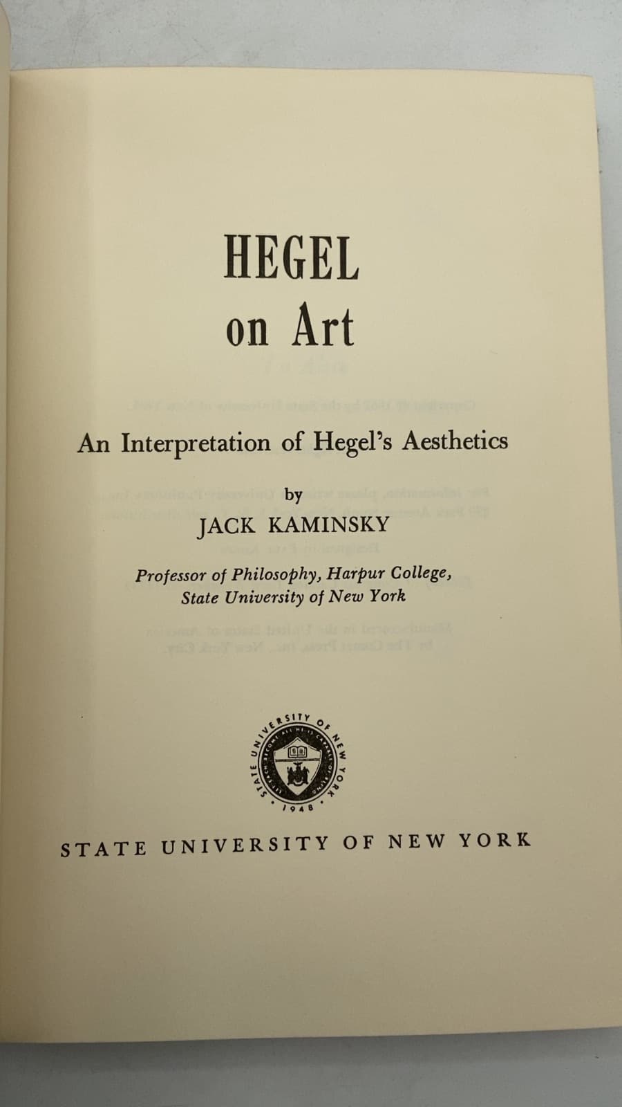 Hegel on Art: An Interpretation of Hegel's Aesthetics by Jack Kaminsky - title page