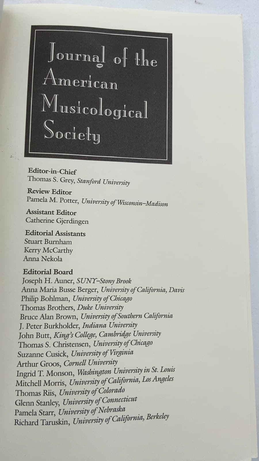 Journal of the American Musicological Society, Volume 53, Number 1, Spring 2000 by Thomas S. Grey (Editor-in-Chief) - title page