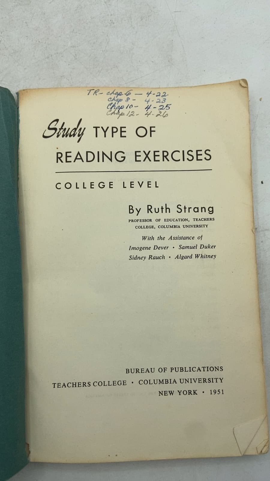 Study Type of Reading Exercises College Level by Ruth Strang - title page