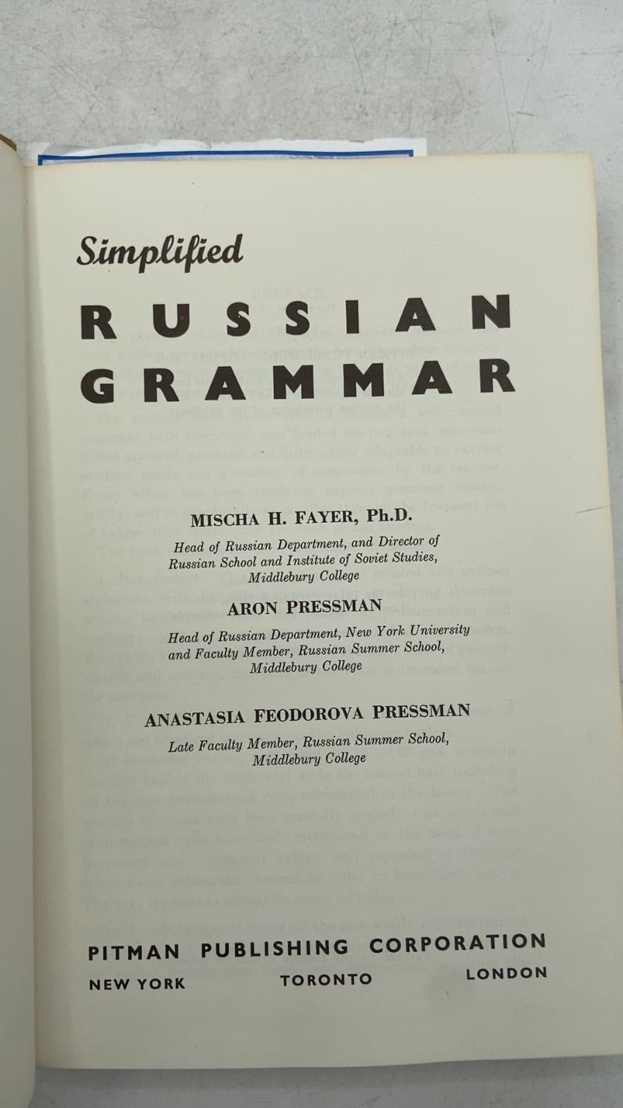 Simplified Russian Grammar by Mischa H. Fayer, Aron Pressman, Anastasia Feodorova Pressman - title page