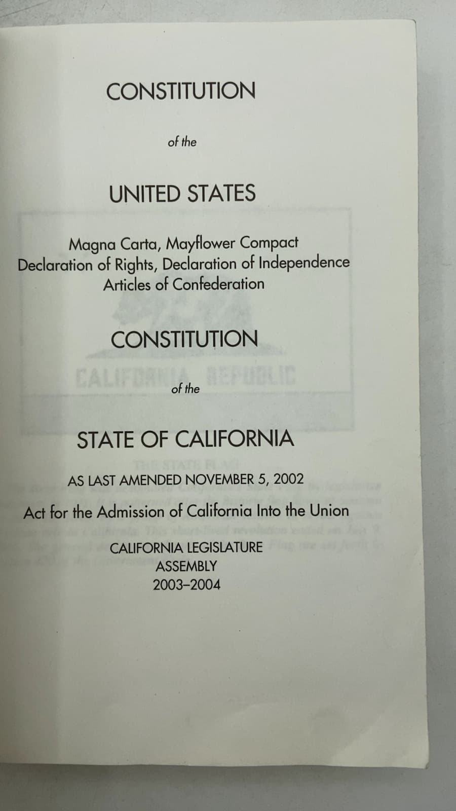 The Constitution of the United States of America and the Constitution of the State of California - title page