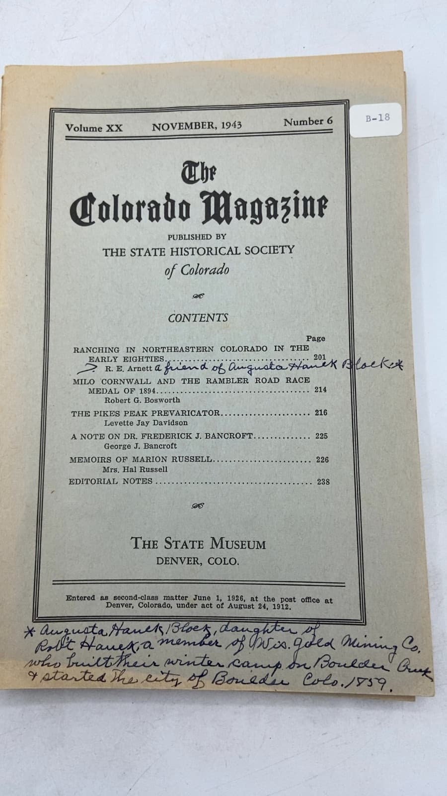 The Colorado Magazine, Volume XX (Numbers 1-6) by The State Historical Society of Colorado - title page