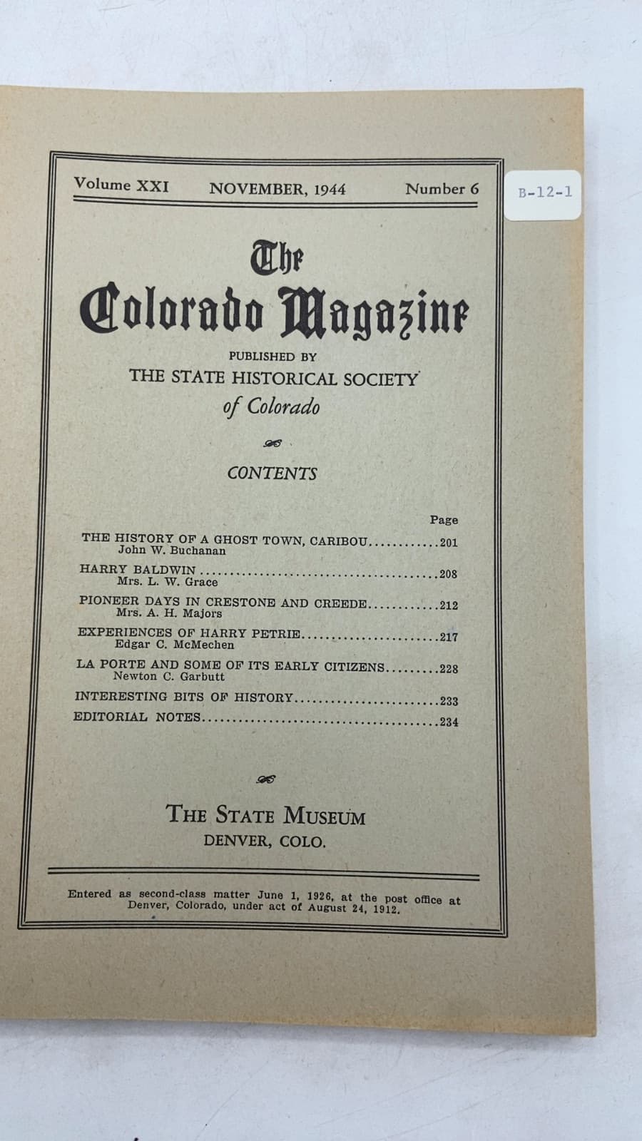 The Colorado Magazine, Volume XXI (Numbers 1-6) by The State Historical Society of Colorado - title page
