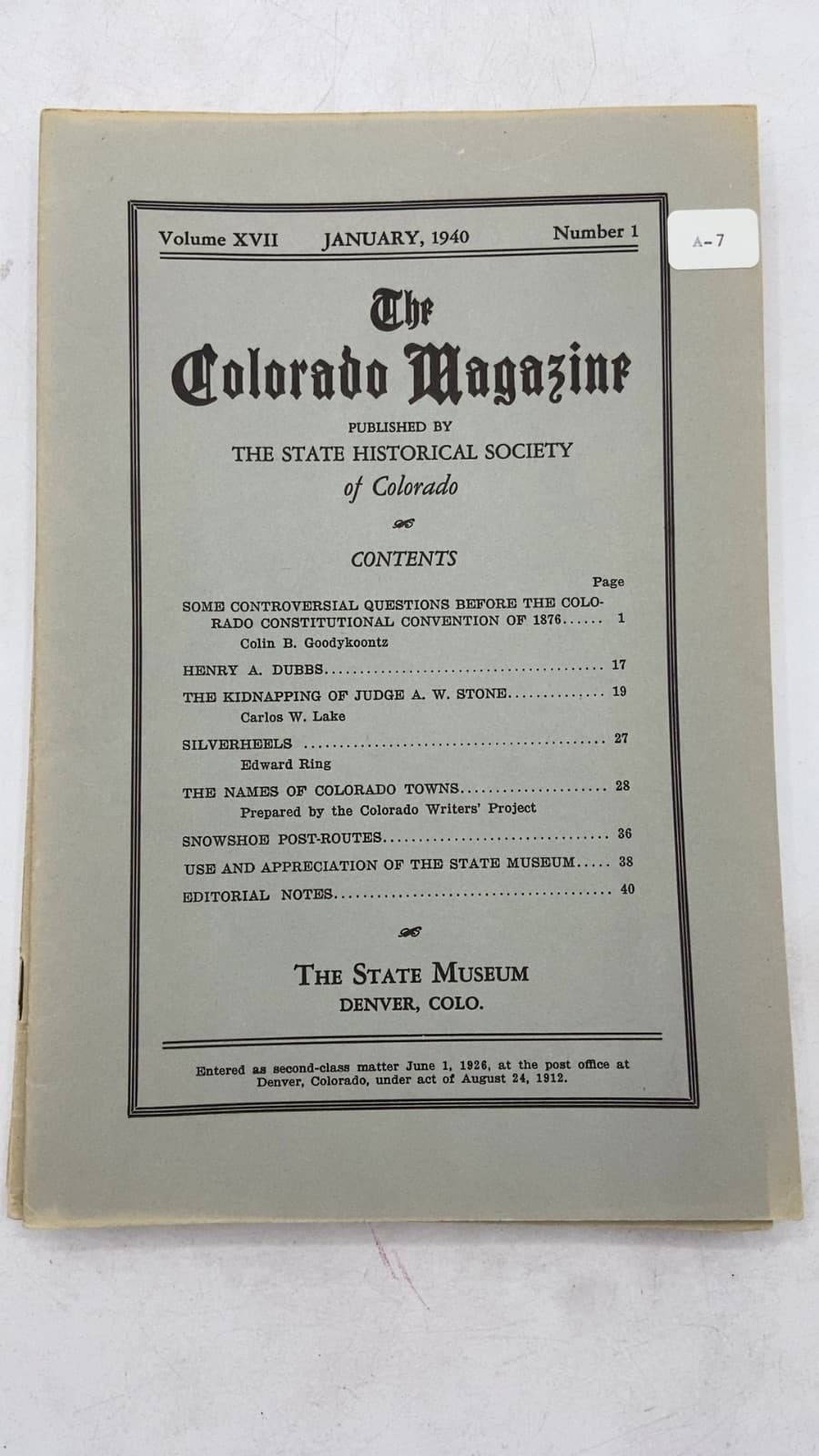 The Colorado Magazine 1940, numbers 1-6  - title page