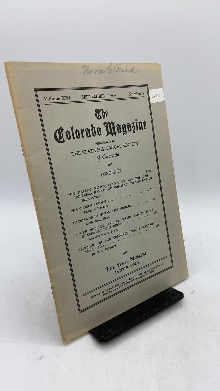 The Colorado Magazine, Volume XVI, Number 5, September, 1939 by The State Historical Society of Colorado - front cover