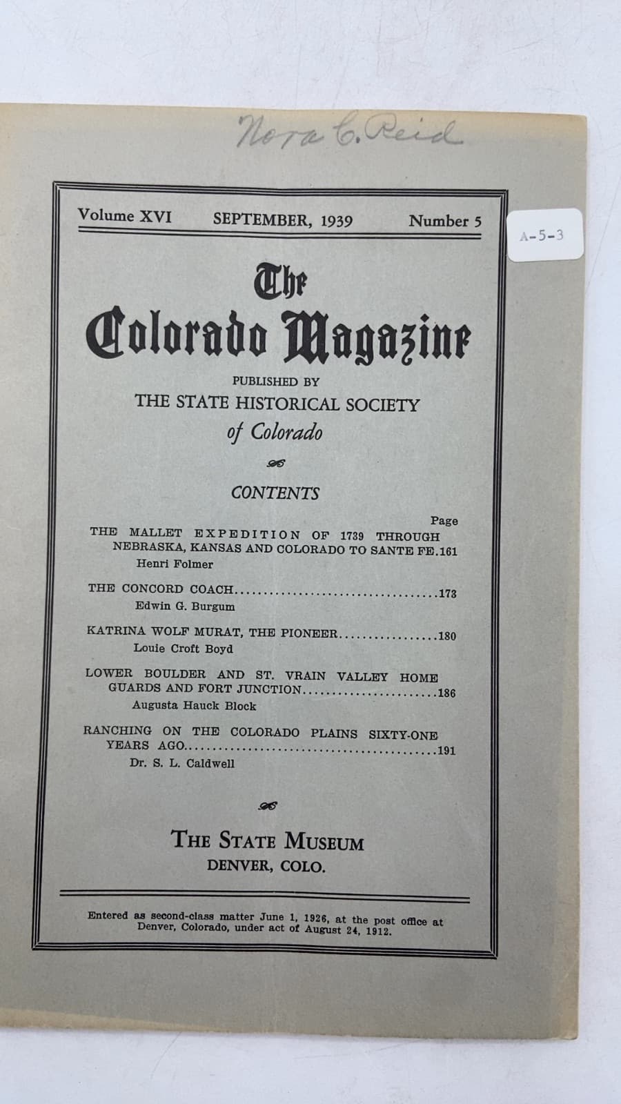 The Colorado Magazine, Volume XVI, Number 5, September, 1939 by The State Historical Society of Colorado - title page