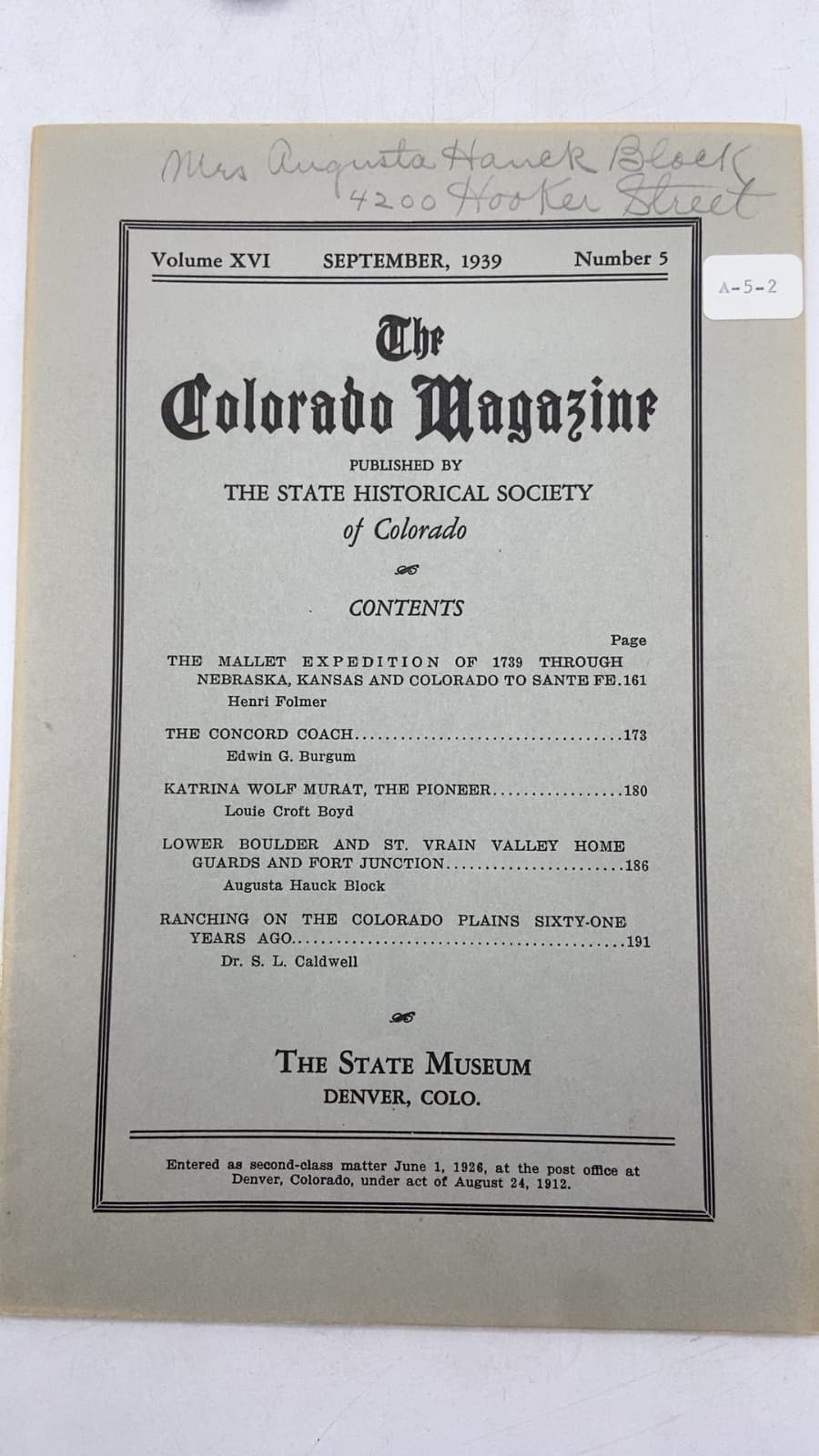 The Colorado Magazine, Volume XVI, Number 5 by The State Historical Society of Colorado - title page