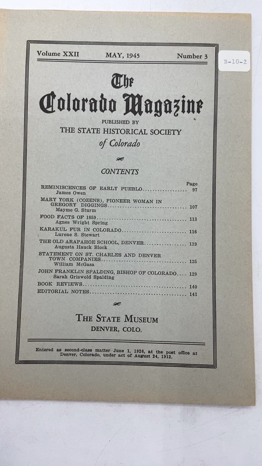The Colorado Magazine, Volume XXII, Number 3 by The State Historical Society of Colorado - title page