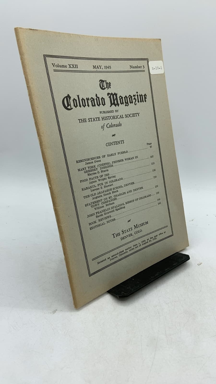 The Colorado Magazine, Vol. XXII, No. 3 by James Owen, Mayme G. Sturm, Agnes Wright Spring, Lurene S. Stewart, Augusta Hauck Block, William McGasa, Sarah Griswold Spalding - front cover