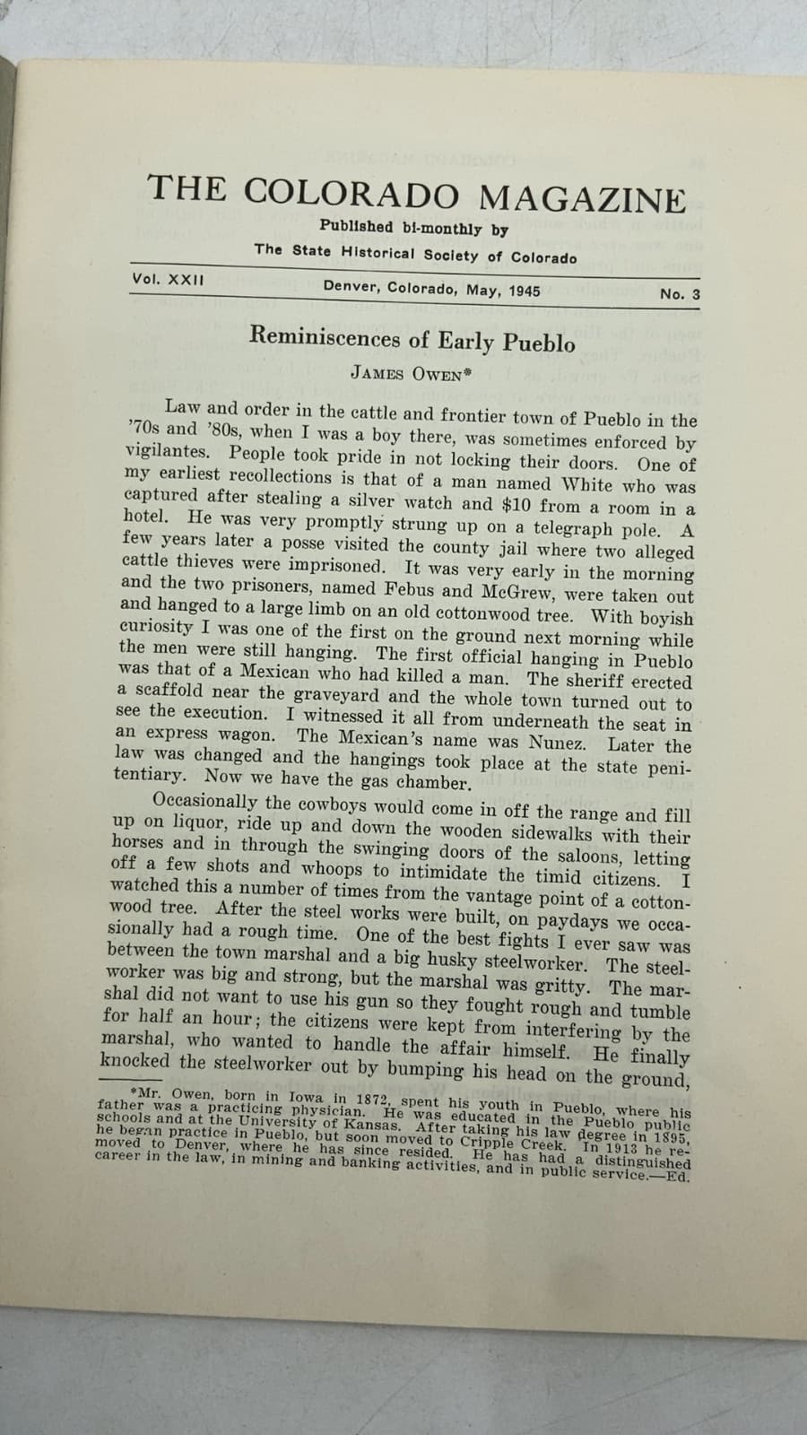 The Colorado Magazine, Vol. XXII, No. 3 by James Owen, Mayme G. Sturm, Agnes Wright Spring, Lurene S. Stewart, Augusta Hauck Block, William McGasa, Sarah Griswold Spalding - title page
