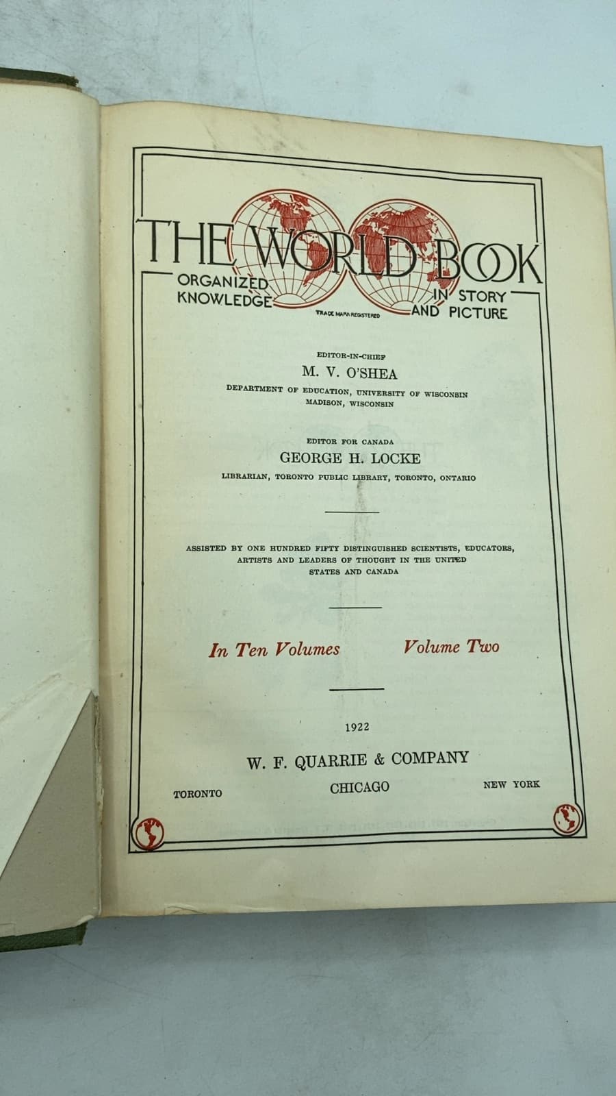Volume 2 The World Book: Organized Knowledge in Story and Picture by M. V. O'Shea (Editor-in-Chief) - title page