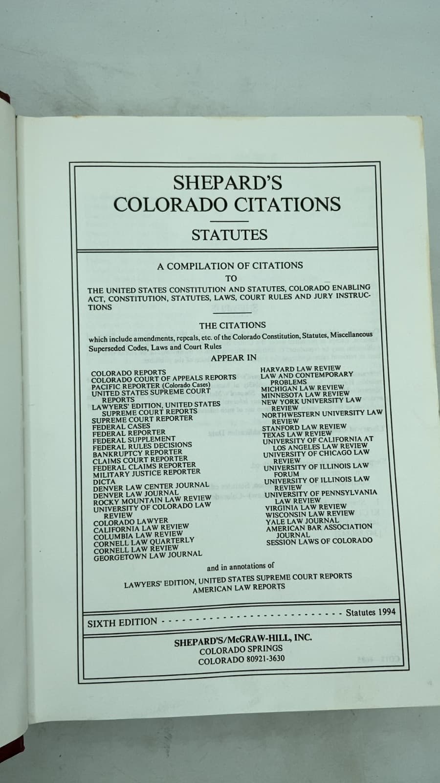 Shepard's Colorado Citations: Statutes by Shepard's/McGraw-Hill, Inc. - title page