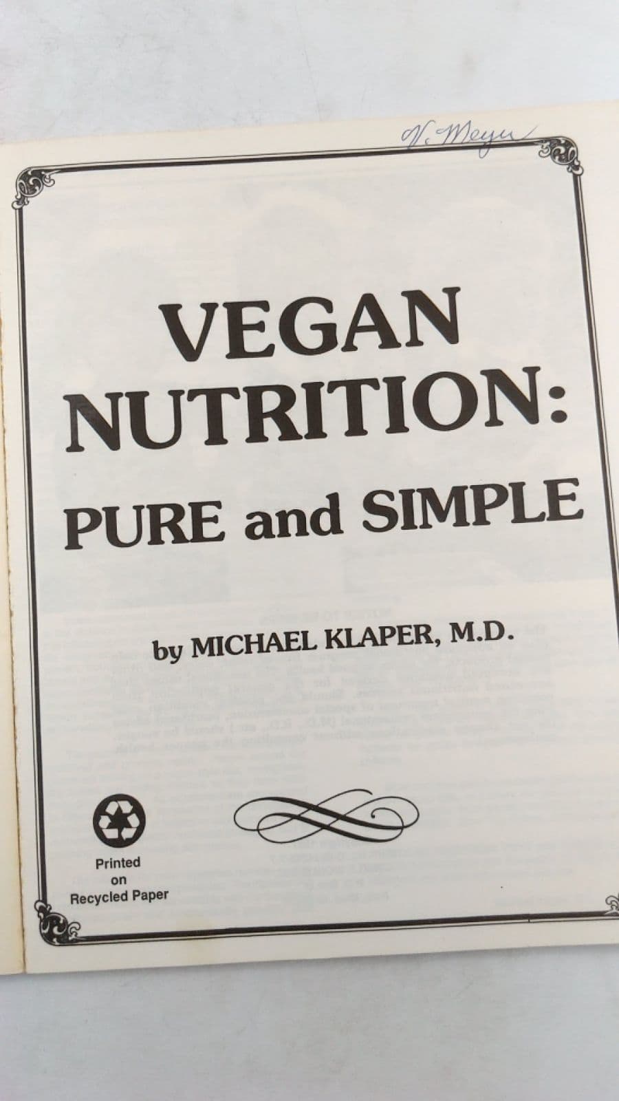Vegan Nutrition: Pure and Simple by Michael Klaper, M.d. - title page