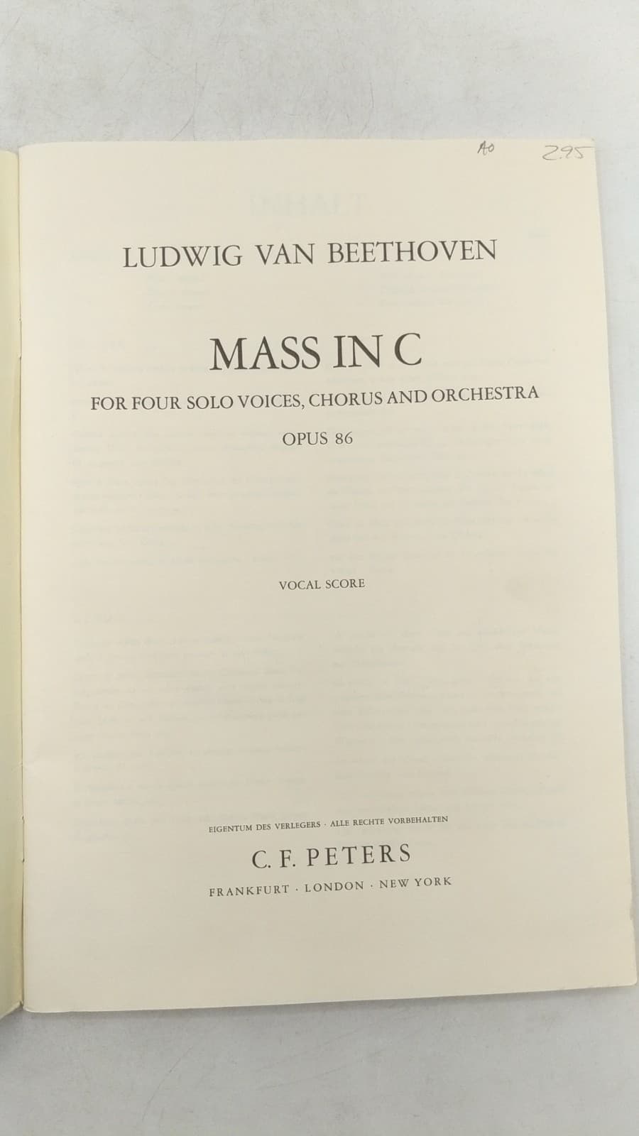 Mass in C Opus 86 Vocal Score by Ludwig van Beethoven - title page