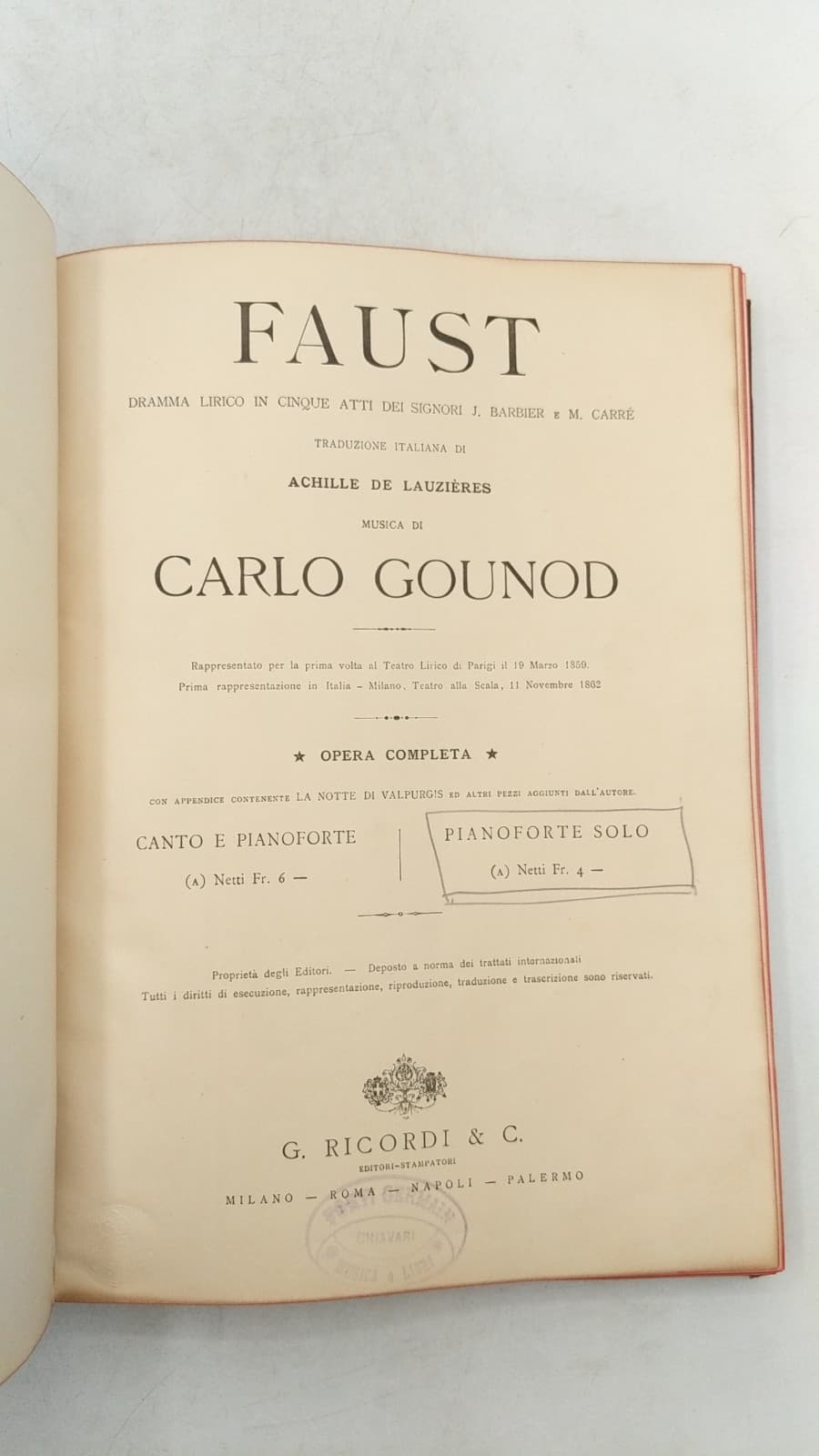 Faust by Carlo Gounod (Composer), J. Barbier and M. Carré (Librettists), Achille de Lauzières (Translator) - title page
