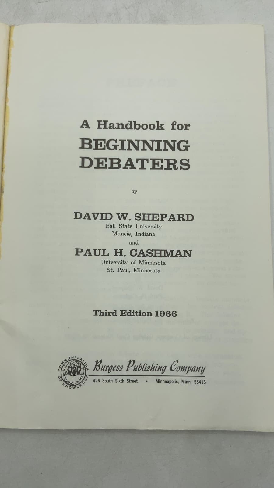 A Handbook for Beginning Debaters by David W. Shepard and Paul H. Cashman - title page