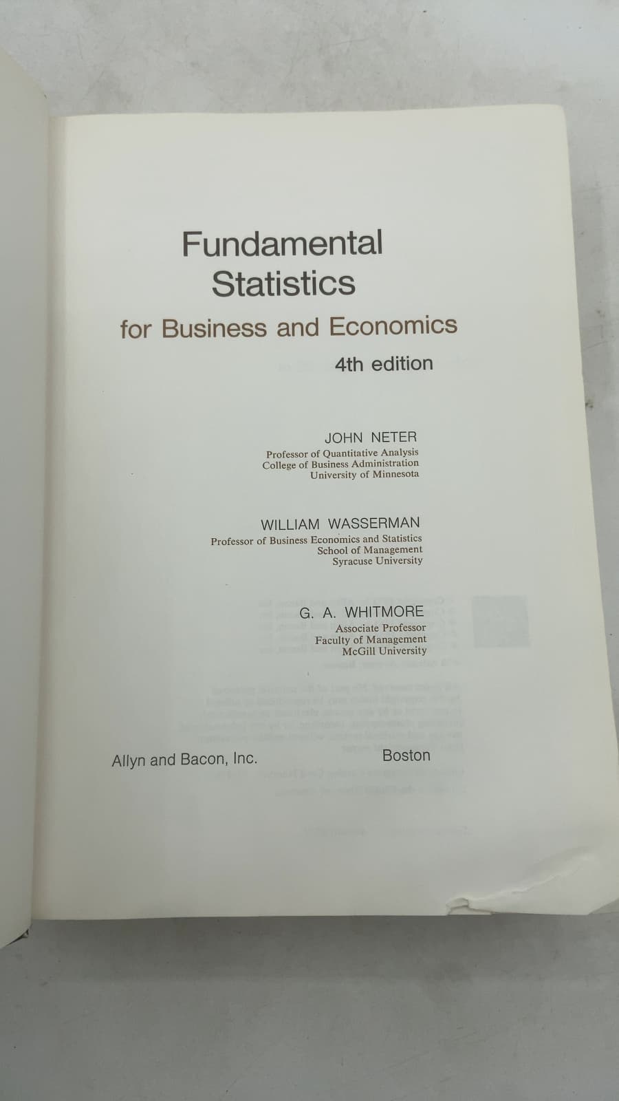 Fundamental Statistics for Business and Economics by John Neter, William Wasserman, G. A. Whitmore - title page