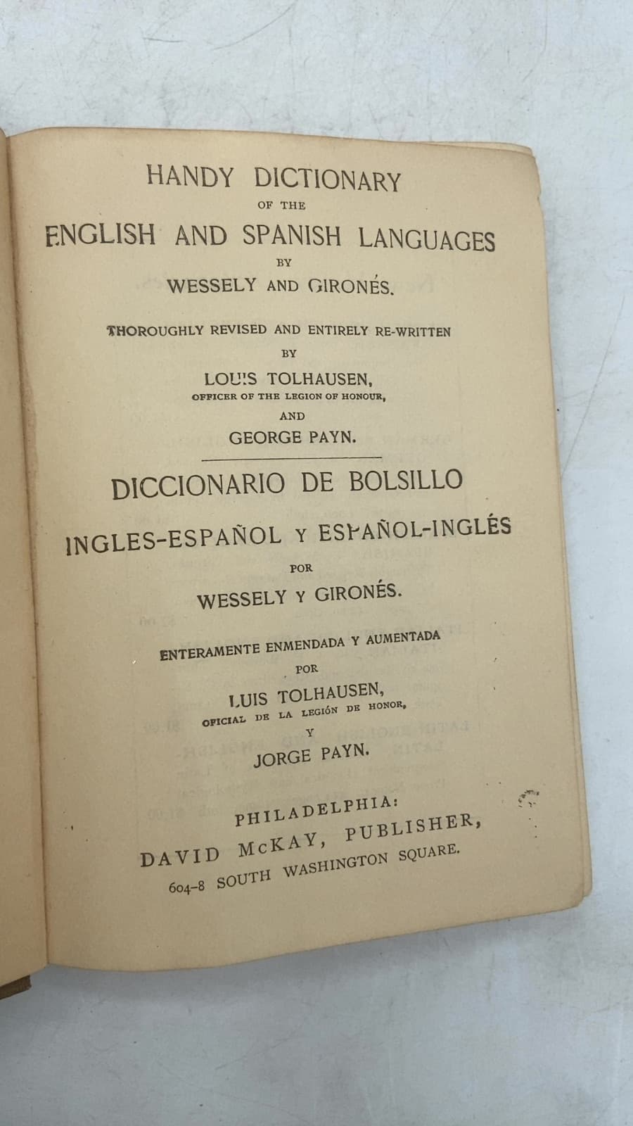 Handy Dictionary of the English and Spanish Languages by Wessely and Gironés - title page
