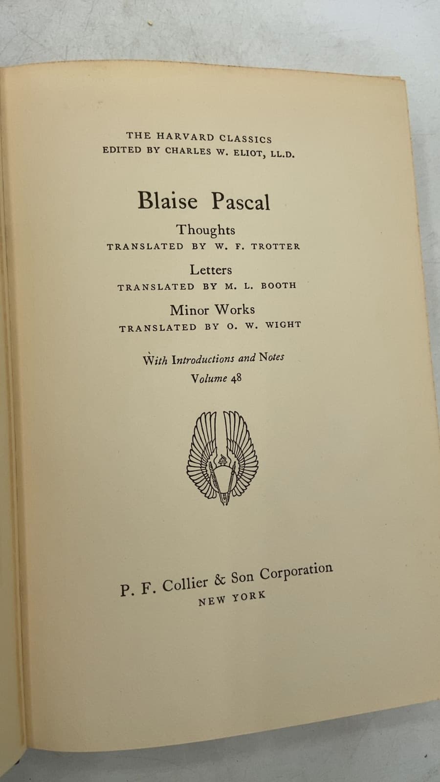 Volume 48. Blaise Pascal: Thoughts, Letters, Minor Works by Blaise Pascal - title page
